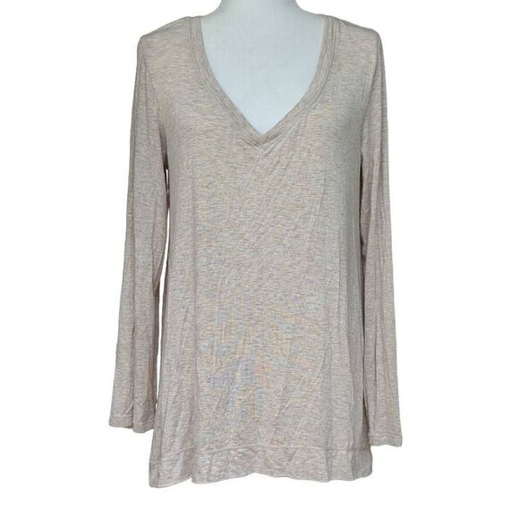 Sophie Max Tan Long Roll Tab Sleeves T-SHIRT V-neck Women Size M Relaxed Fit - Picture 1 of 6